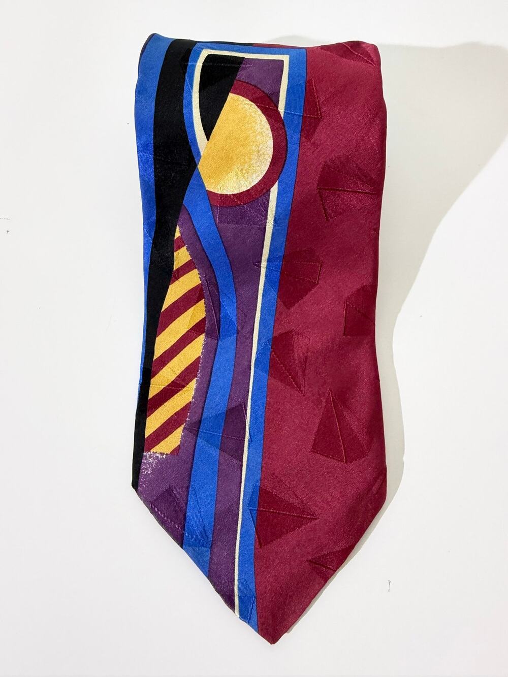 Vintage Studio Bugatti Men’s Burgundy Blue Abstract Geometric Necktie 1990s